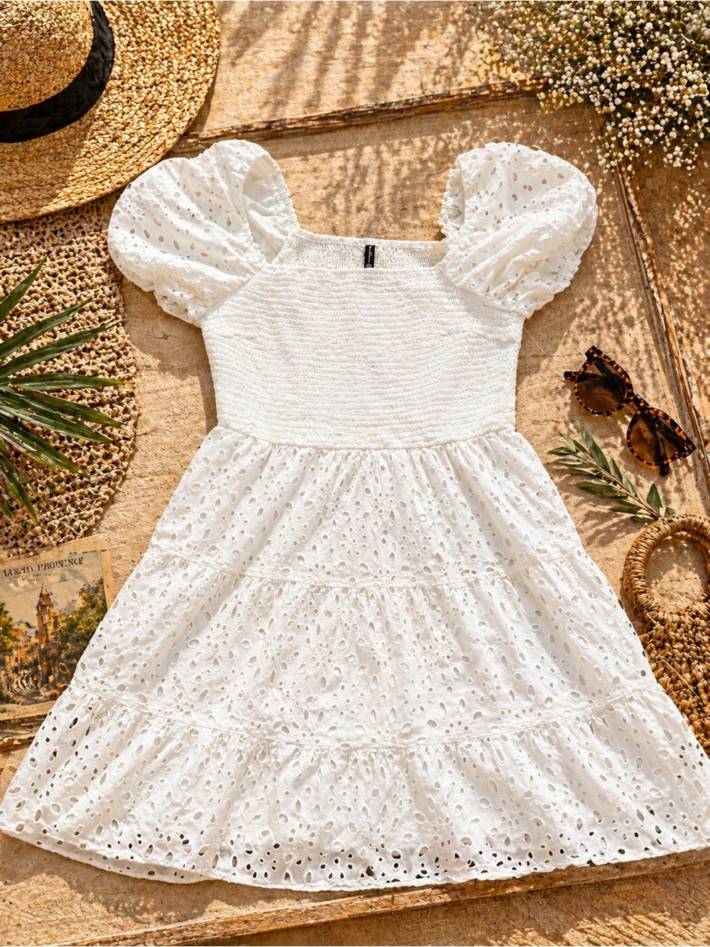 White Eyelet Puff-Sleeve Dress